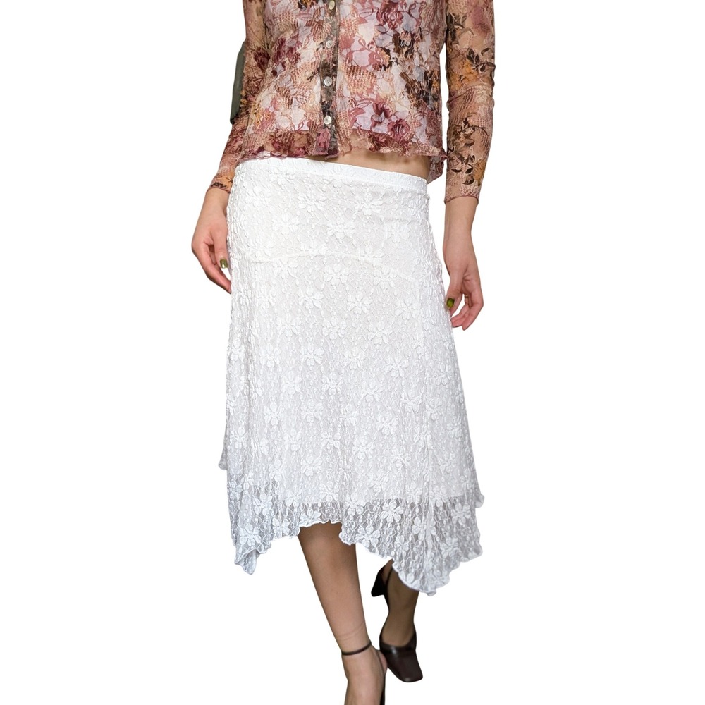 Mango Ethereal Whimsy Cottage Chic White Lace Asymmetrical Midi Skirt